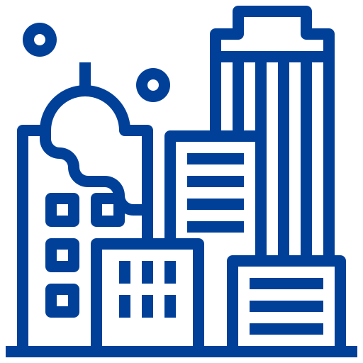 Commerical buildings in a line drawing icon
